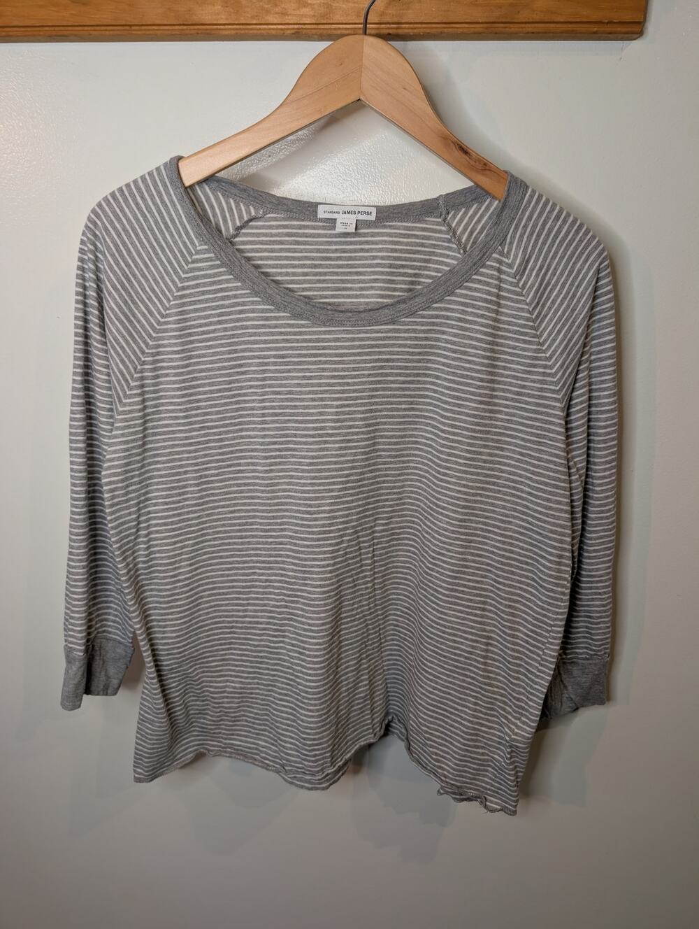 James Perse Womens 3 L Striped Raglan Tee Raw Hem Heather Gray 3/4 Sleeve Cotton